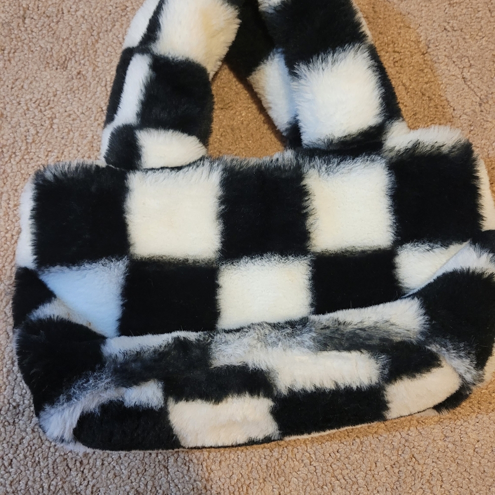 Claire's Fuzzy Black and White Checkered Mini Bag